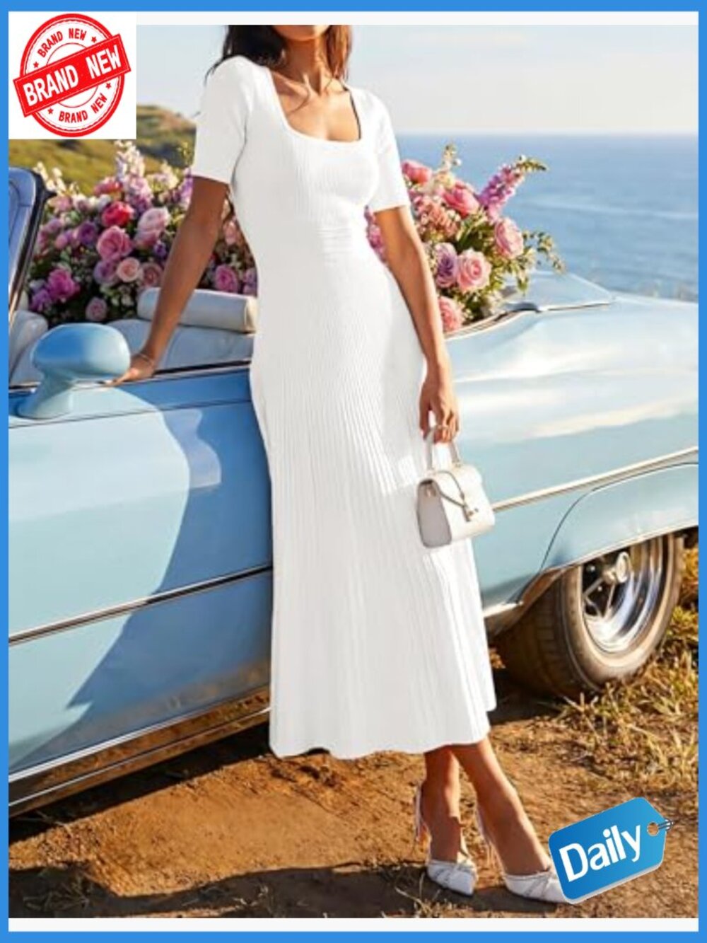 Pleated Midi Sweater Dress - Short Sleeve A-Line Business Casual Swing Dress - Picture 2 of 7